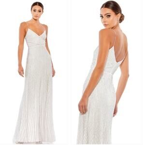 Mac Duggal #10817 White Silver Sequined Spaghetti Strap Scoop Back Gown Pearl 12